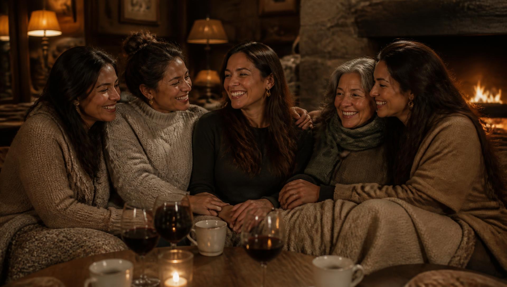 Mulheres acolhidas juntas ao redor da lareira