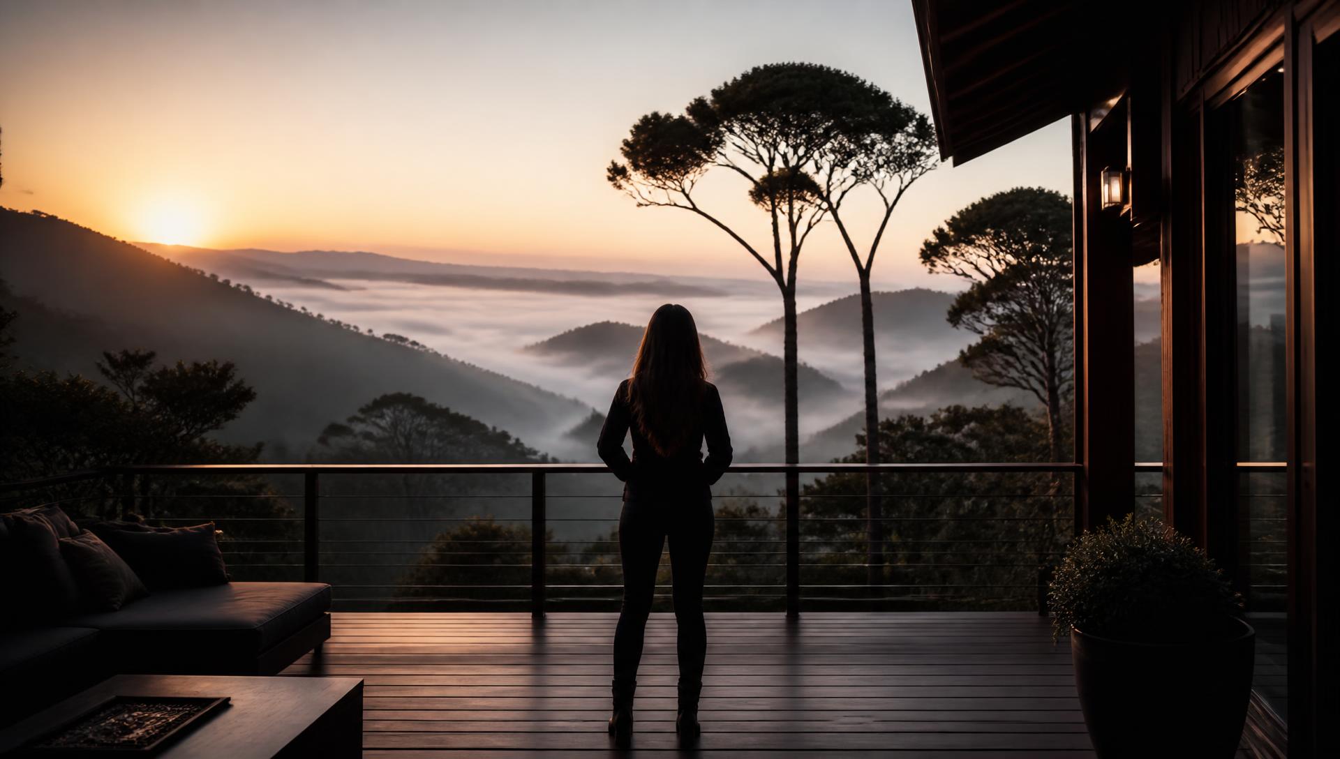 Mulher diante do vale ao amanhecer