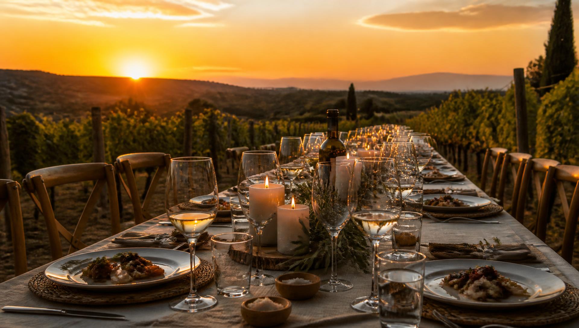 Mesa posta entre os vinhedos ao pôr do sol